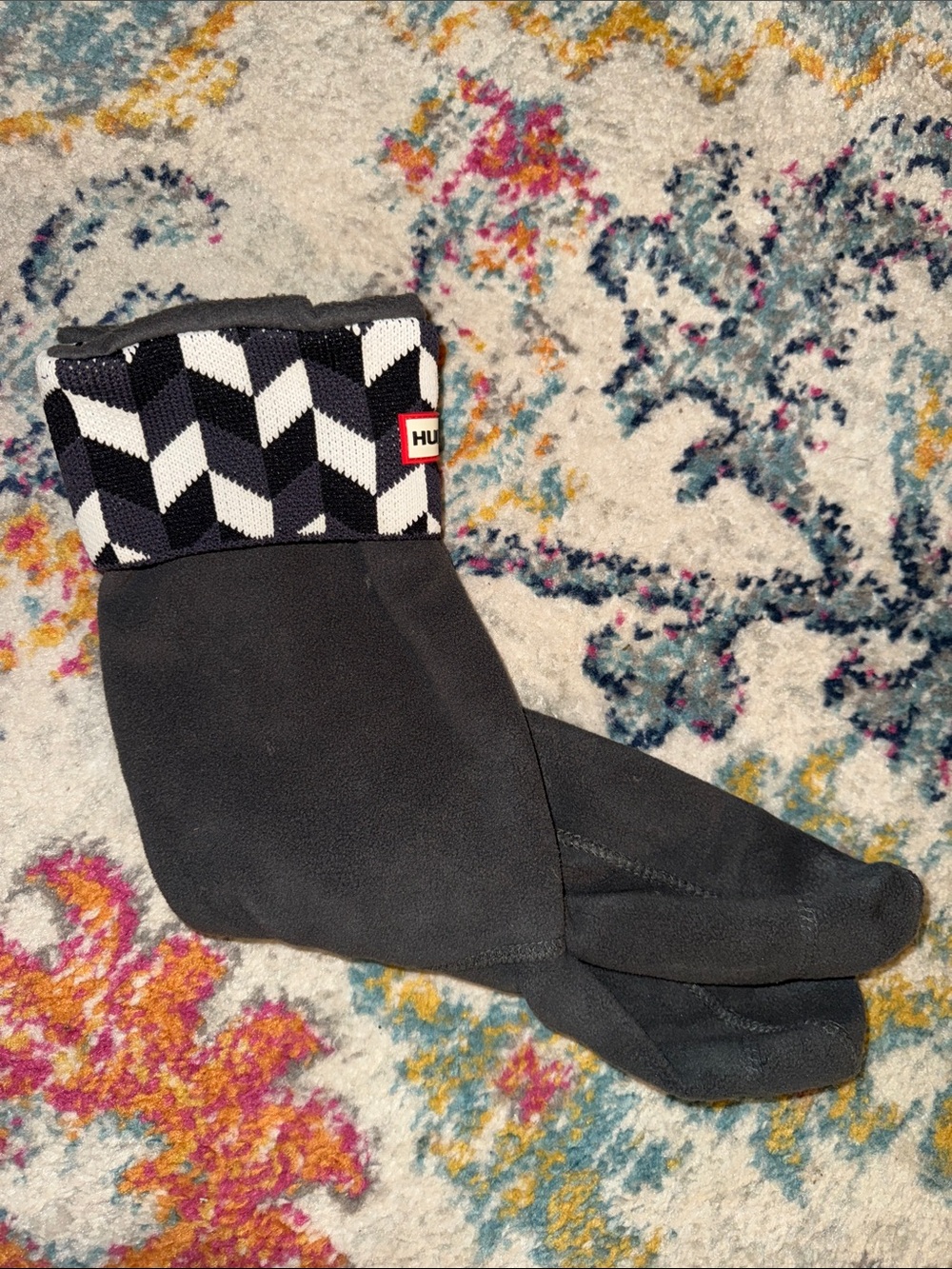 Hunter Black Neoprene Sock Liners with Black-and-White Geometric Cuff